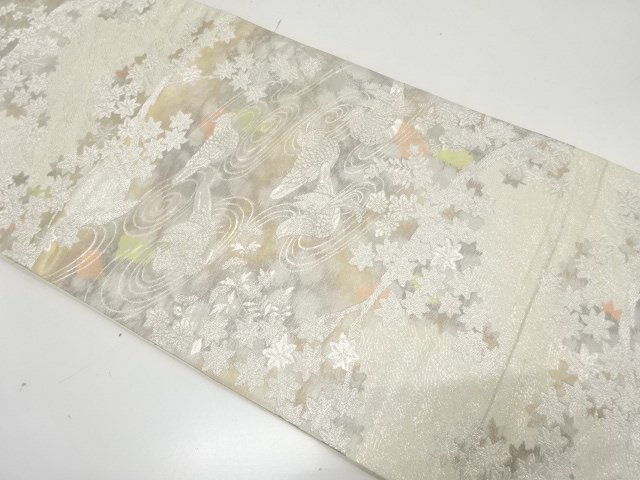 アンティーク　引箔　流水に鴛鴦・楓模様織り出し袋帯（着用可）